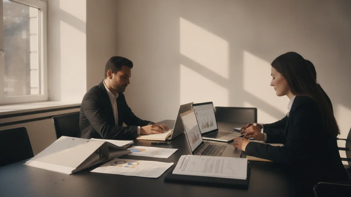 Business team reviewing workplace compliance materials at a table.