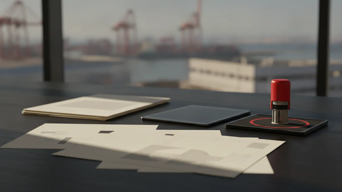 Documents and a tablet on a desk representing trade compliance planning