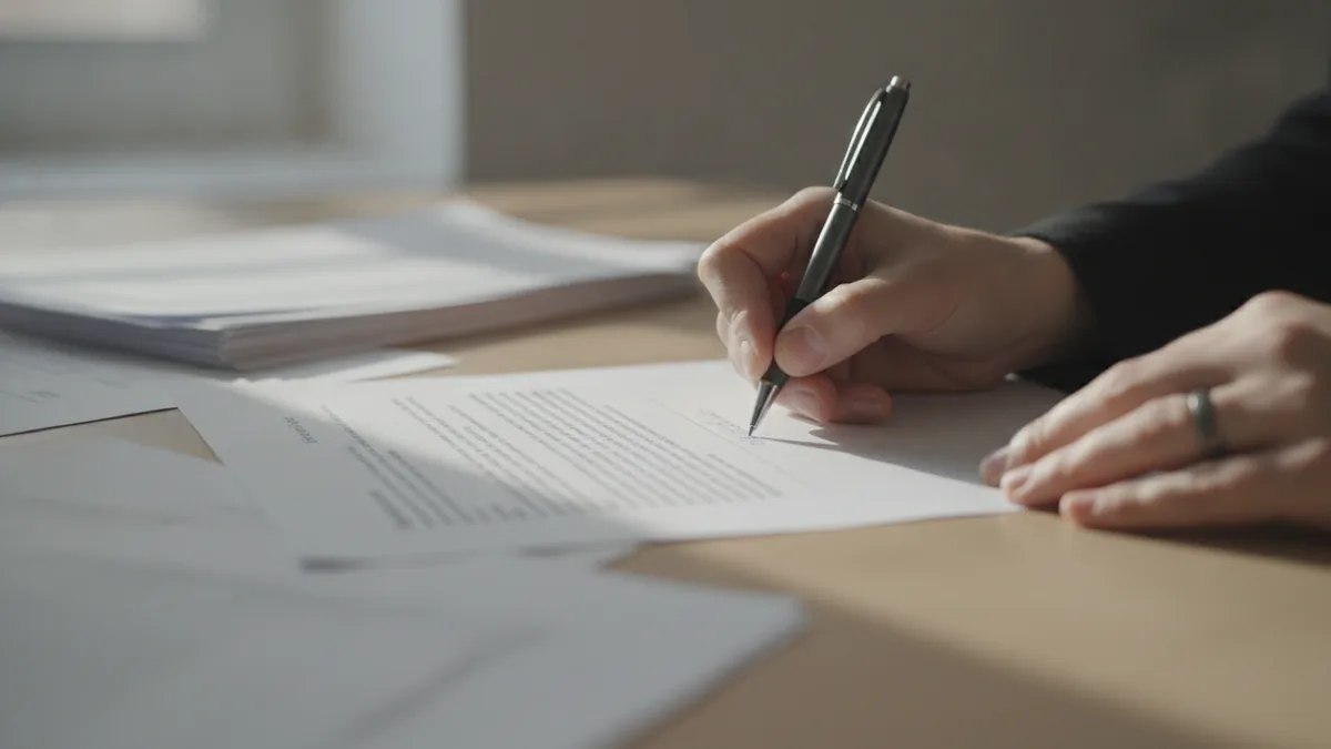 Close-up of hands signing a contract in a meeting room