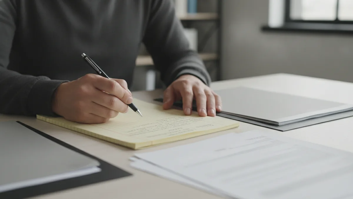 Independent review and reflection Person reviewing contract documents independently at a desk