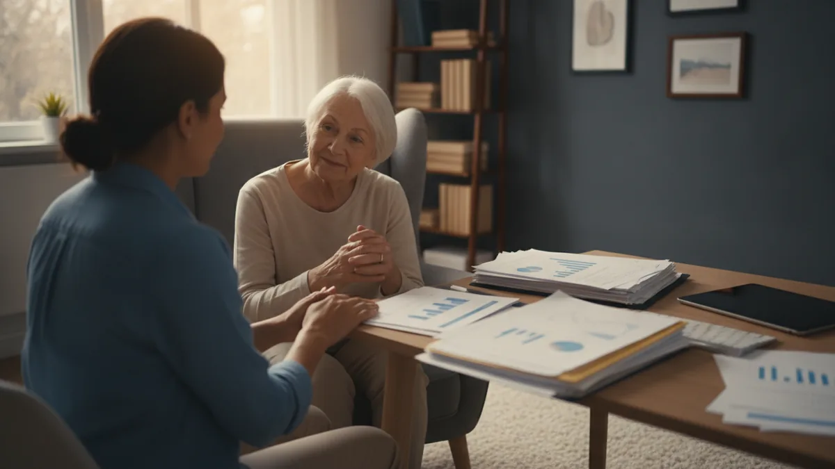 Trust relationships in real life Caregiver and older person near home office documents