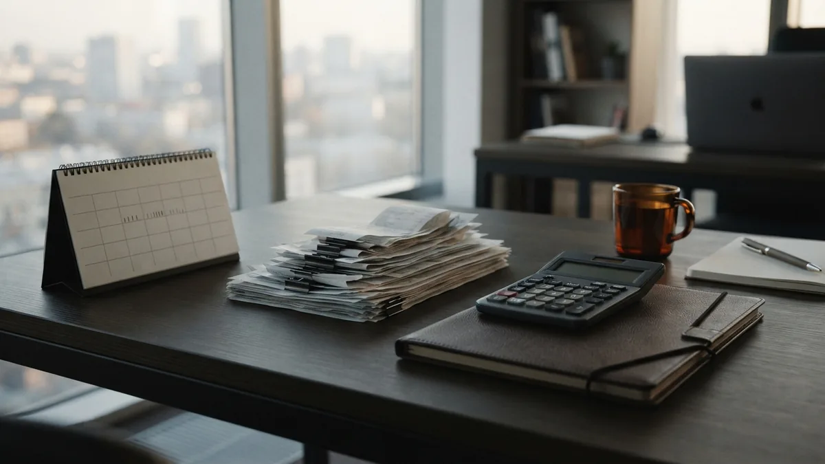 Preparing a VAT return Finance workspace prepared for VAT returns with receipts, calendar, and calculator