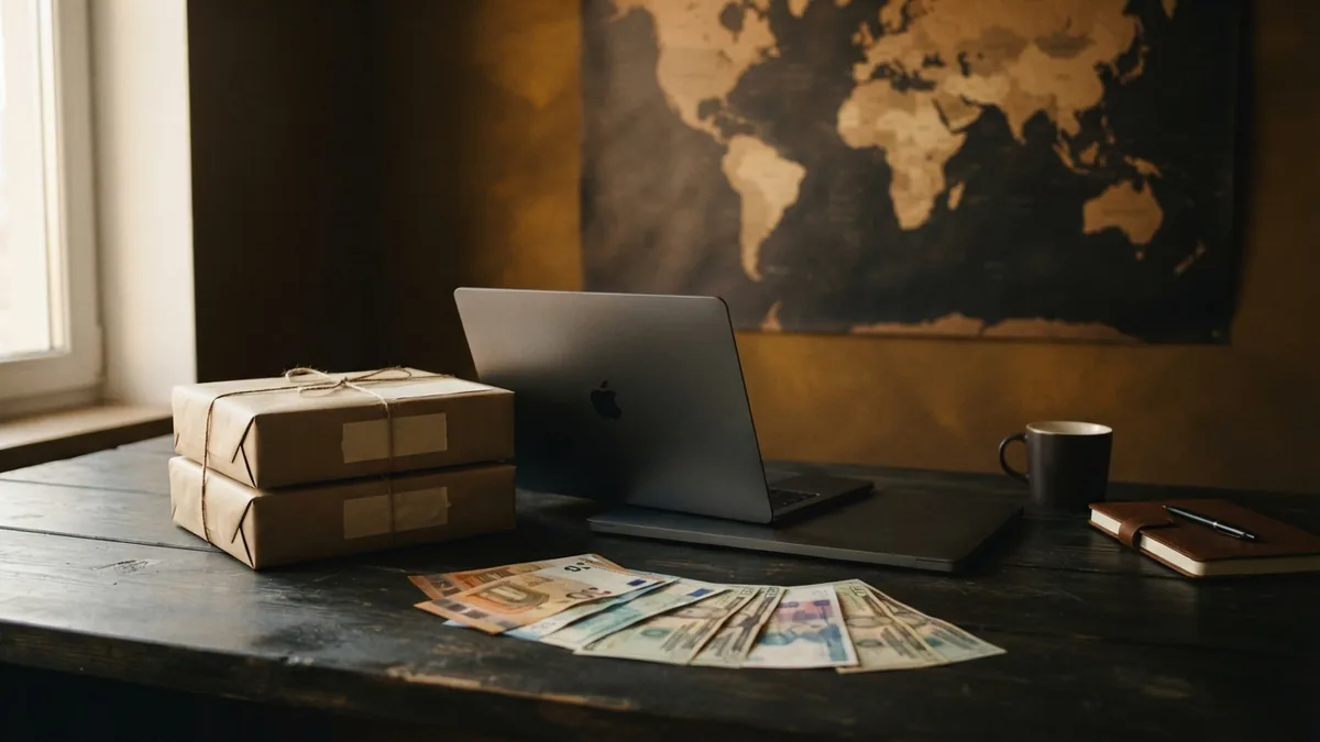 Cross-border online sales setup with parcels, currency, laptop, and world map