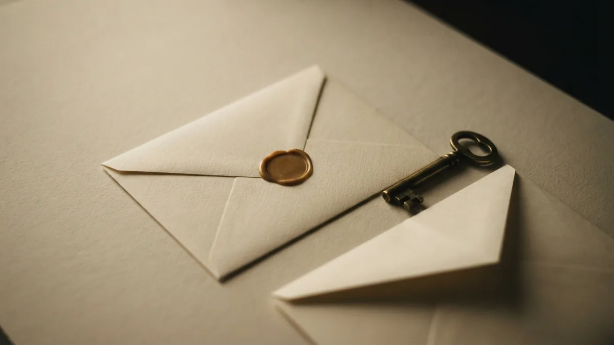 A sealed blank envelope and brass key suggest preparing a venture capital pitch