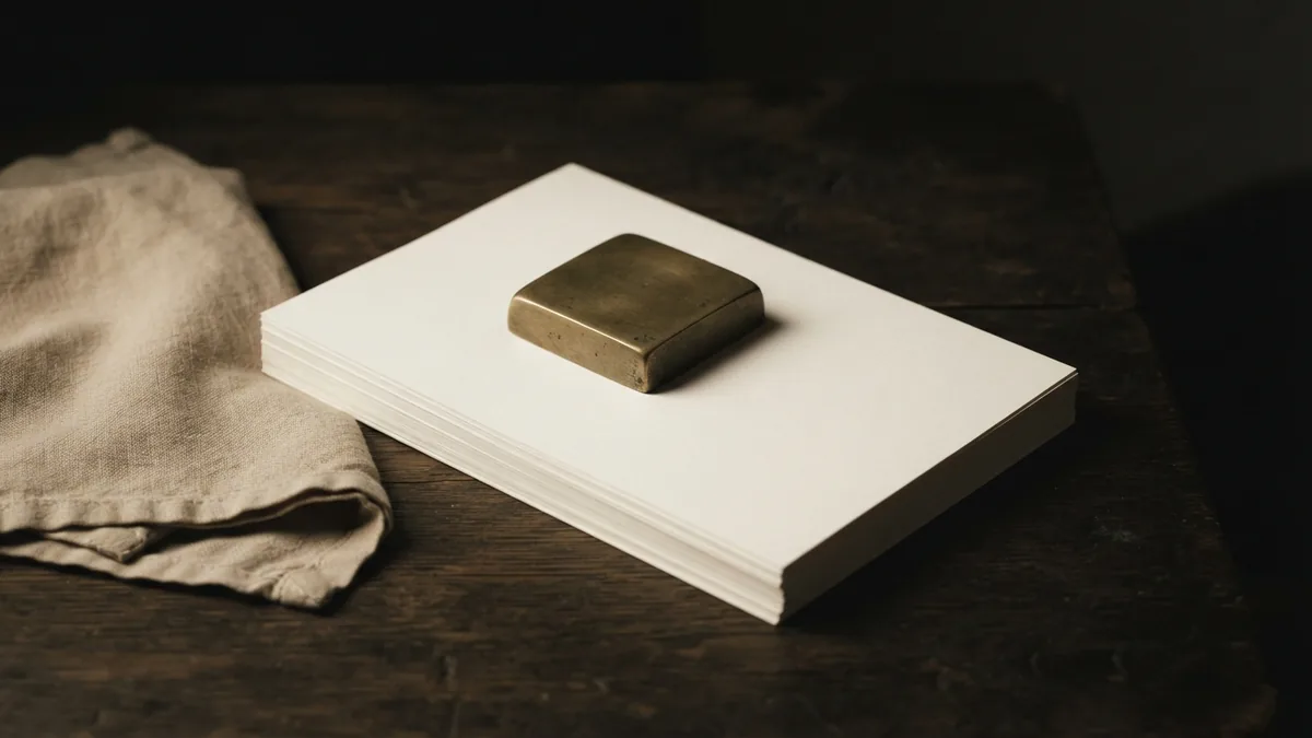 Blank document stack and brass paperweight for checking business records