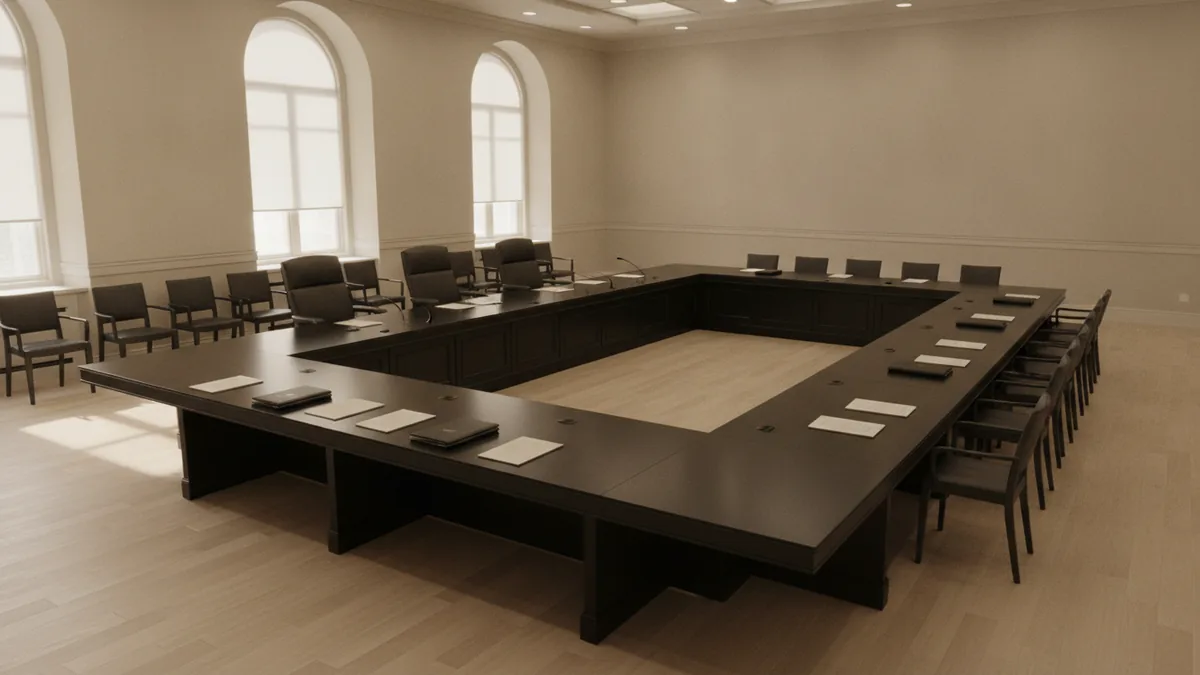 A formal hearing room setup representing Senate confirmation steps.