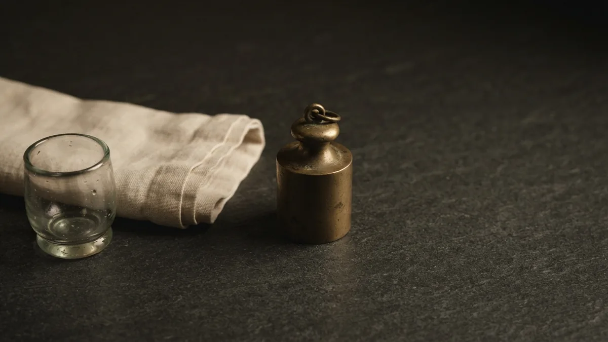 A quiet study of trust and risk Brass balance weight beside linen and glass symbolising trust in financial checks
