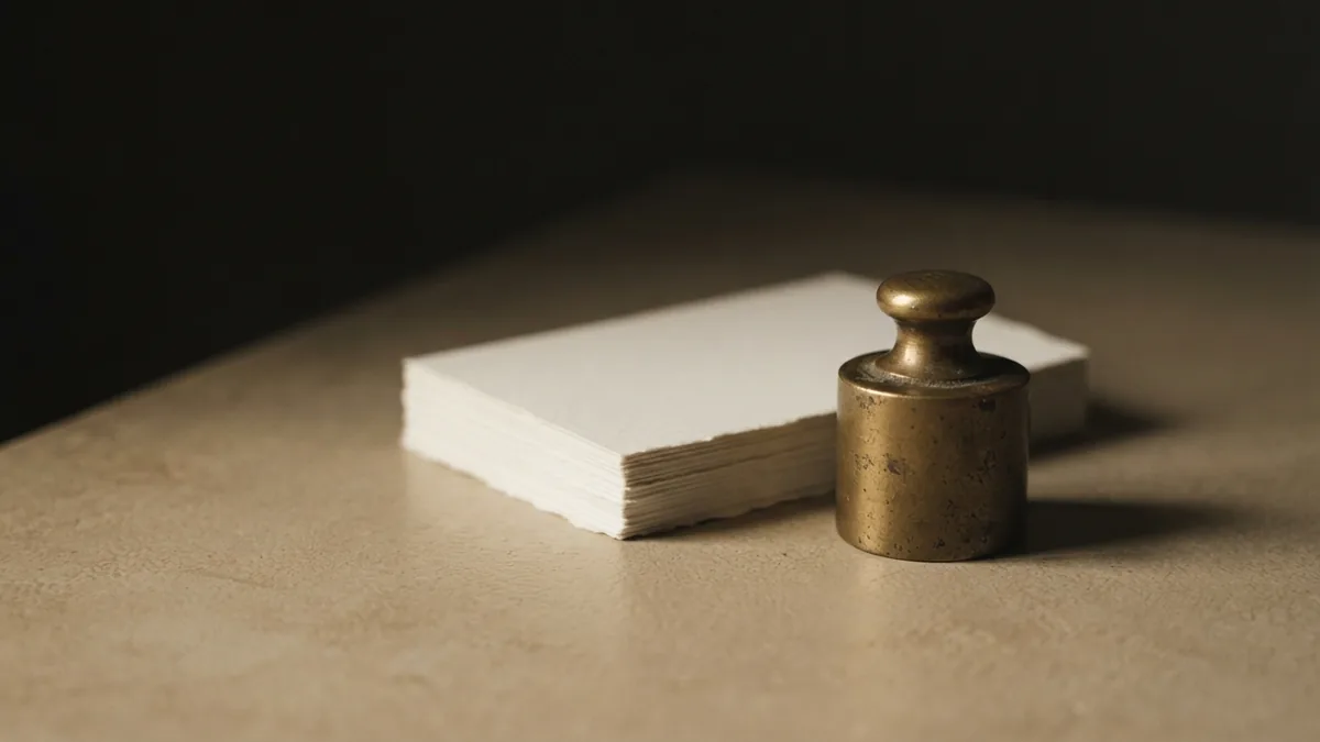Blank paper and brass weight arranged on a beige tabletop to evoke venture fund decisions