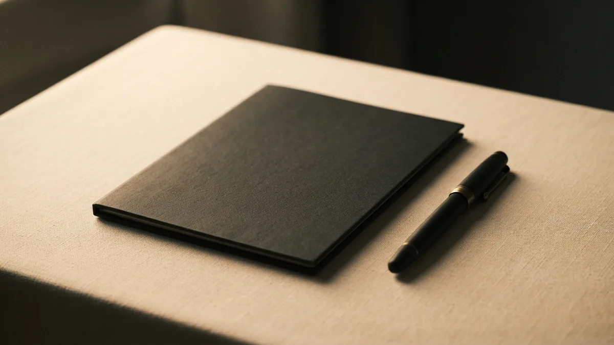 A restrained scene for VC roles Closed charcoal folder and plain fountain pen arranged for a thoughtful investment review