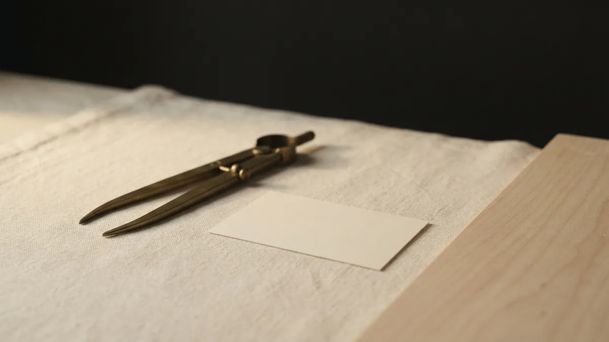 Brass divider, blank card, and linen representing the skills used to assess startups